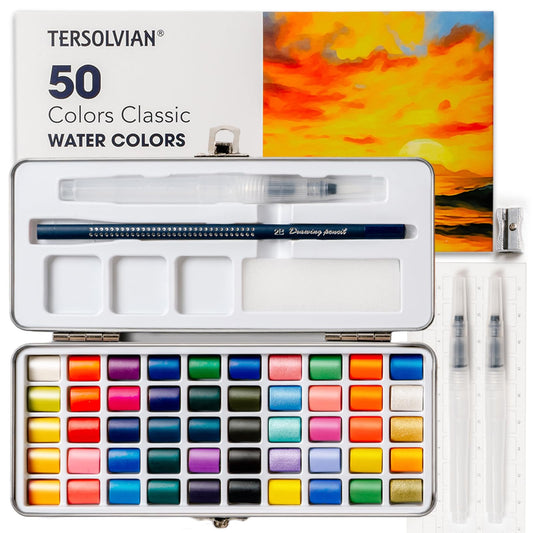 TERSOLVIAN 50 Colors Watercolor Paint Set - Portable Travel Art Kit, Includes Fine Detail Paint Brush, Premium Water Color Painting Supplies for Adults, Professionals, and Beginners Art Gift Idea