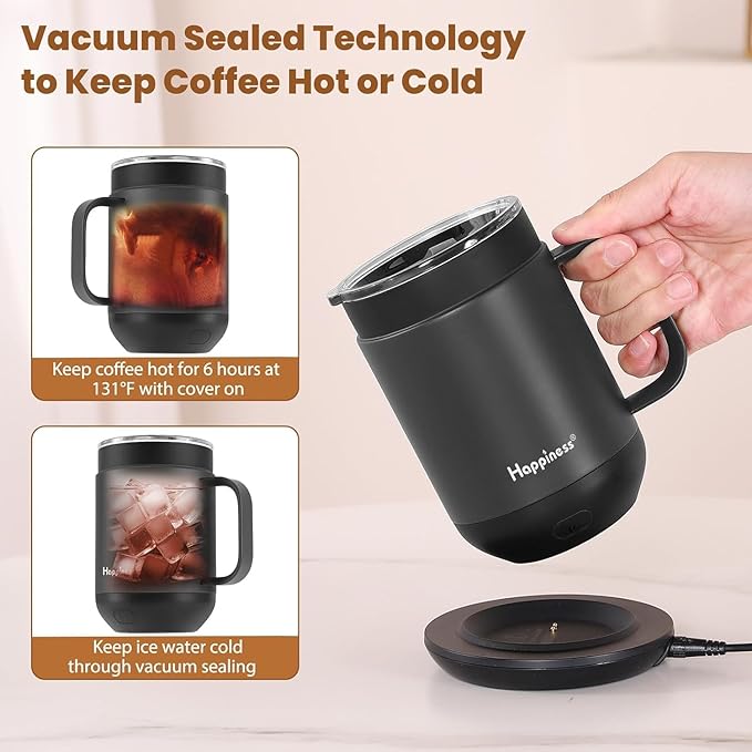 Happiness Smart Heated Coffee Mug,16oz Rechargeable Electric Self Heating Temperature Control Coffee Cup