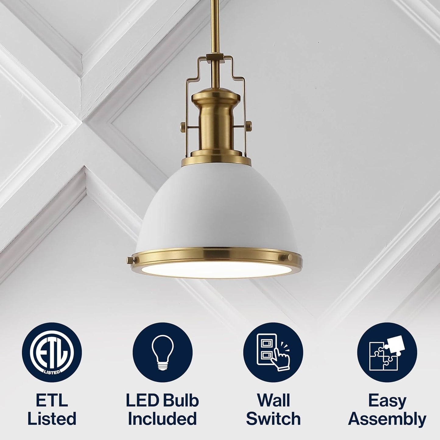 JONATHAN Y JYL9535D Homer 10" 1-Light Modern Industrial Iron LED Dome Pendant, Bohemian, Classic, Cottage, Farmhouse, Industrial, Rustic, Transitional, Dining Room, Kitchen, Foyer, White/Brass Gold