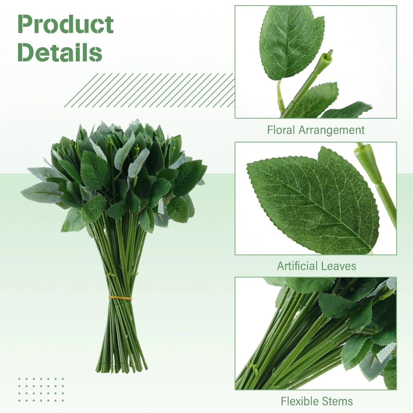 CDOKY 50 Pcs Rose Stems with Leaves & 50 Pcs Flower Calyxes Set, Fake Flower Stems Artificial Flower Sepals, Floral Arrangement Supplies, DIY Artificial Flowers Tools for Bouquet Wedding Party
