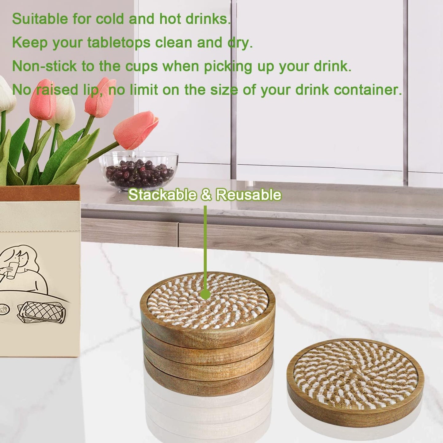 5 Pack Coasters for Drinks Absorbent, 4.3 inches Woven Coasters for Coffee Tables, Wooden Drink Coasters for Table Protection, Reusable Drink Coasters for Kitchen, Farmhouse, Bar, Office, Brown