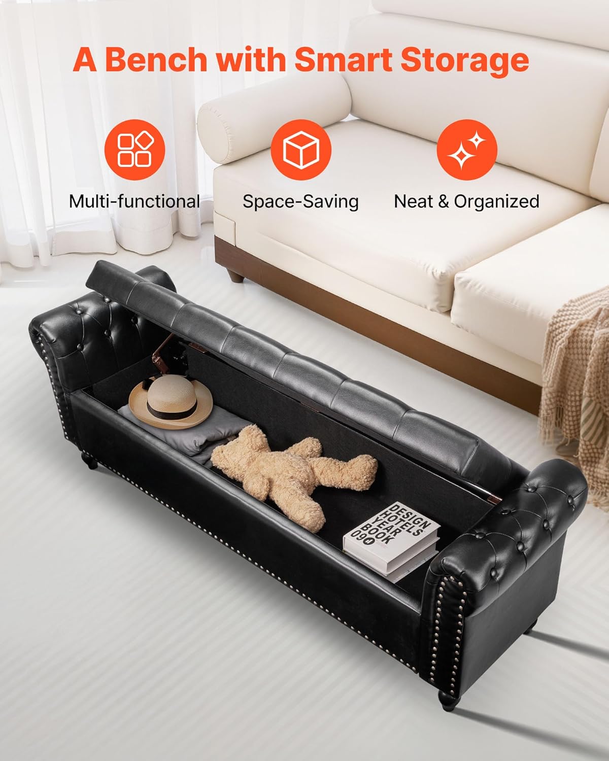 VEVOR Button-Tufted Storage Ottoman Bench, Rolled Arm PU Leather Bench with Solid Wood Legs, Modern Shoe Benches Seat for Entryway, Upholstered End of Bed Benches for Living Room, Dining Room, Black