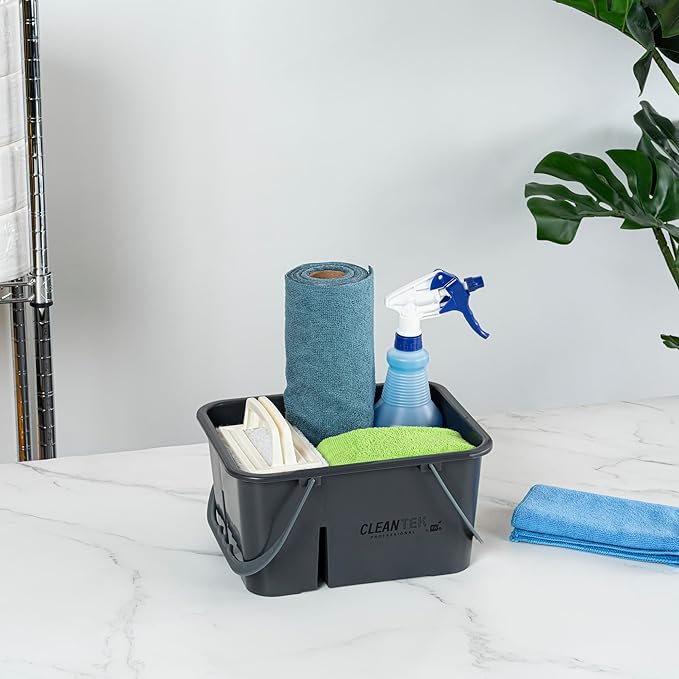 Restaurantware-Clean Tek Professional Cleaning Caddy, 1 Cleaning Supply Caddy With Handle - 4 Compartment, Multipurpose, Gray Plastic, All-Purpose, For Bathroom, Bedroom, Kitchen, Or Garden