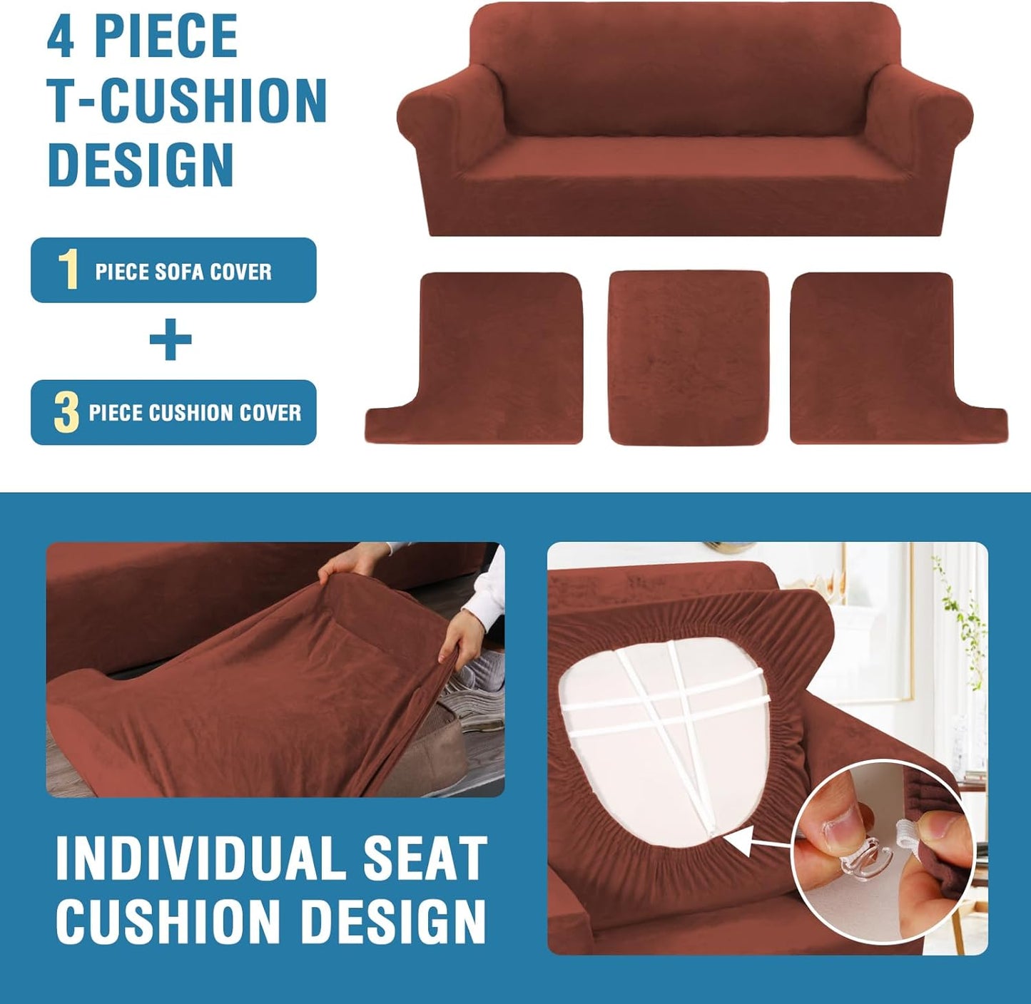 H.VERSAILTEX Sofa Cover 4 Piece T Cushion Sofa Slipcovers Thick Velvet Couch Cover Stretch T Cushion Sofa Covers for 3 Cushion Couch with 3 Individual T Cushion Covers Washable, Rust