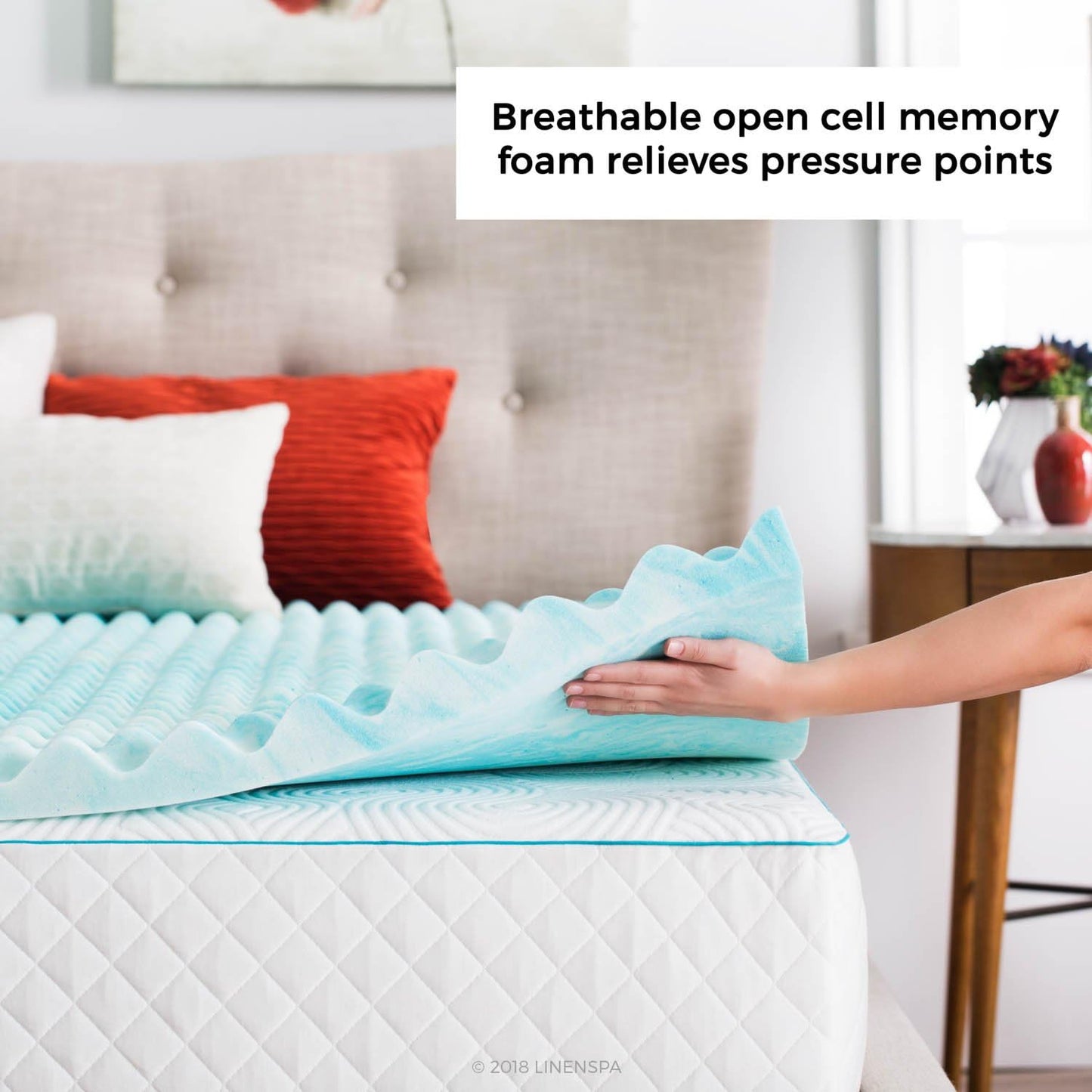 Linenspa Convoluted Gel Memory Foam, 2 Inch, Promotes Airflow, Relieves Pressure Points, Evenly Disperses Body Weight Mattress Topper, Twin XL, Blue Swirl