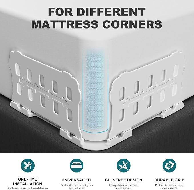 Bed Sheet Holders for Corners: 4 Pack Lock Sheet Holders with Reinforced Clips Keep Sheets Firm and Tight,No More Loose Sheets – Upgraded Extra Large Version for Twin,Full,Queen,King Size Mattresses