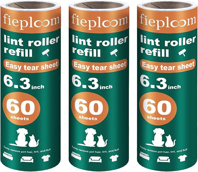 Extra Sticky Lint Roller Refills with Easy-Peel Visible Tear Lines, 6.3 Inch Wide for Pet Hair Removal on Furniture Carpet Floors Clothes, 3 Rolls (180 Sheets Total, 60/Roll)