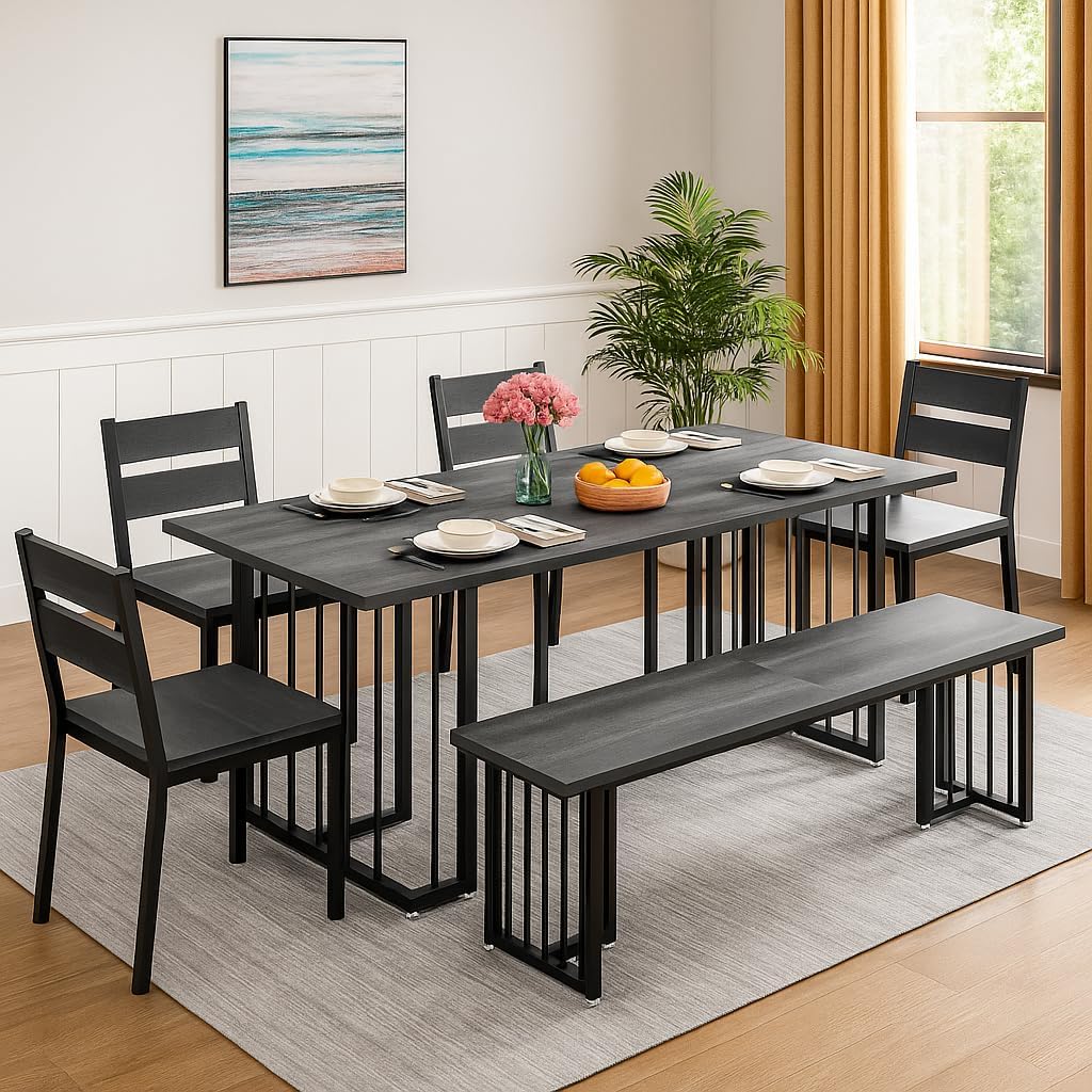 DWVO 63 Inch Dining Table Set for 6-8 People 6-Piece Large Kitchen Table Set with 2 Benches and 4 Chairs Farmhouse Rectangular Dining Room Table for Kitchen Dining Room Apartment Dark Grey
