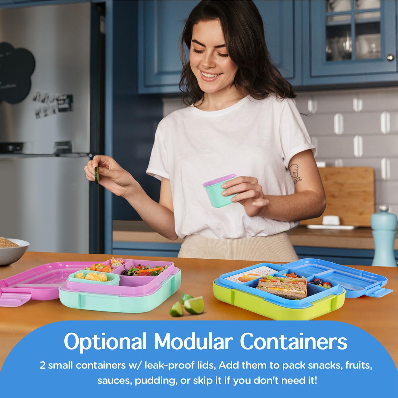 Caperci Bento Lunch Box for Kids - Large 4.8 Cups Lunch Container with 2 Modular Containers - 4 Compartments, Leak-Proof, Portable Handle, Microwave/Dishwasher Safe (Blue/Juicy Pear)