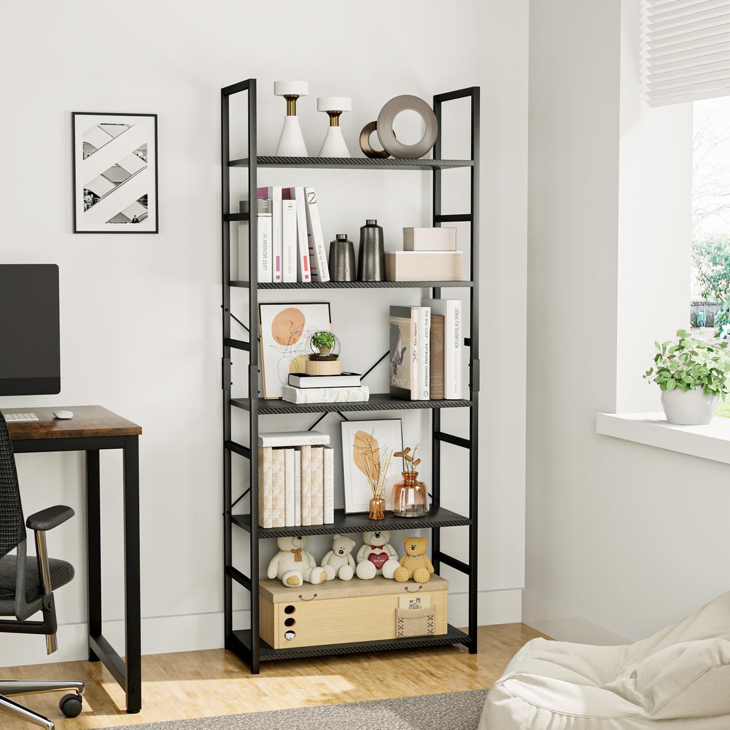 OTK 5 Tier Bookshelf, Tall Bookcase, Office Shelf Storage Organizer, Modern Book Shelf for Living Room, Bedroom, and Home Office, Carbon