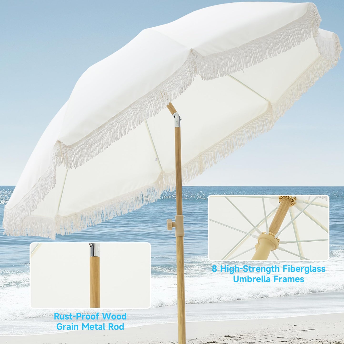 Kbrellaoutlets 7FT Boho Patio Umberlla with Fringe,UPF50+ Outdoor Umbrella with Fiberglass Ribs and Push Button Tilt,Tassels Umbrella for Beach,Terrace,Picnic (Belge)