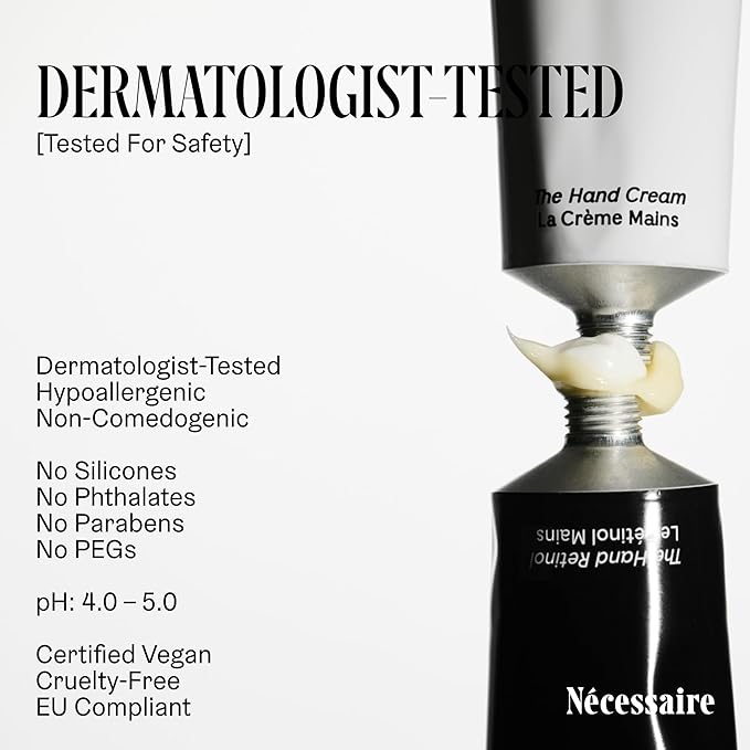 Nécessaire The Hand Retinol. Anti-Age Repair Serum. For Crepiness, Wrinkles, Spots, Brittle Cuticles. 0.25% Pure Retinol. 5% AHA. Dermatologist-Tested. Hypoallergenic. Non-Comedogenic. 2.2 fl oz.