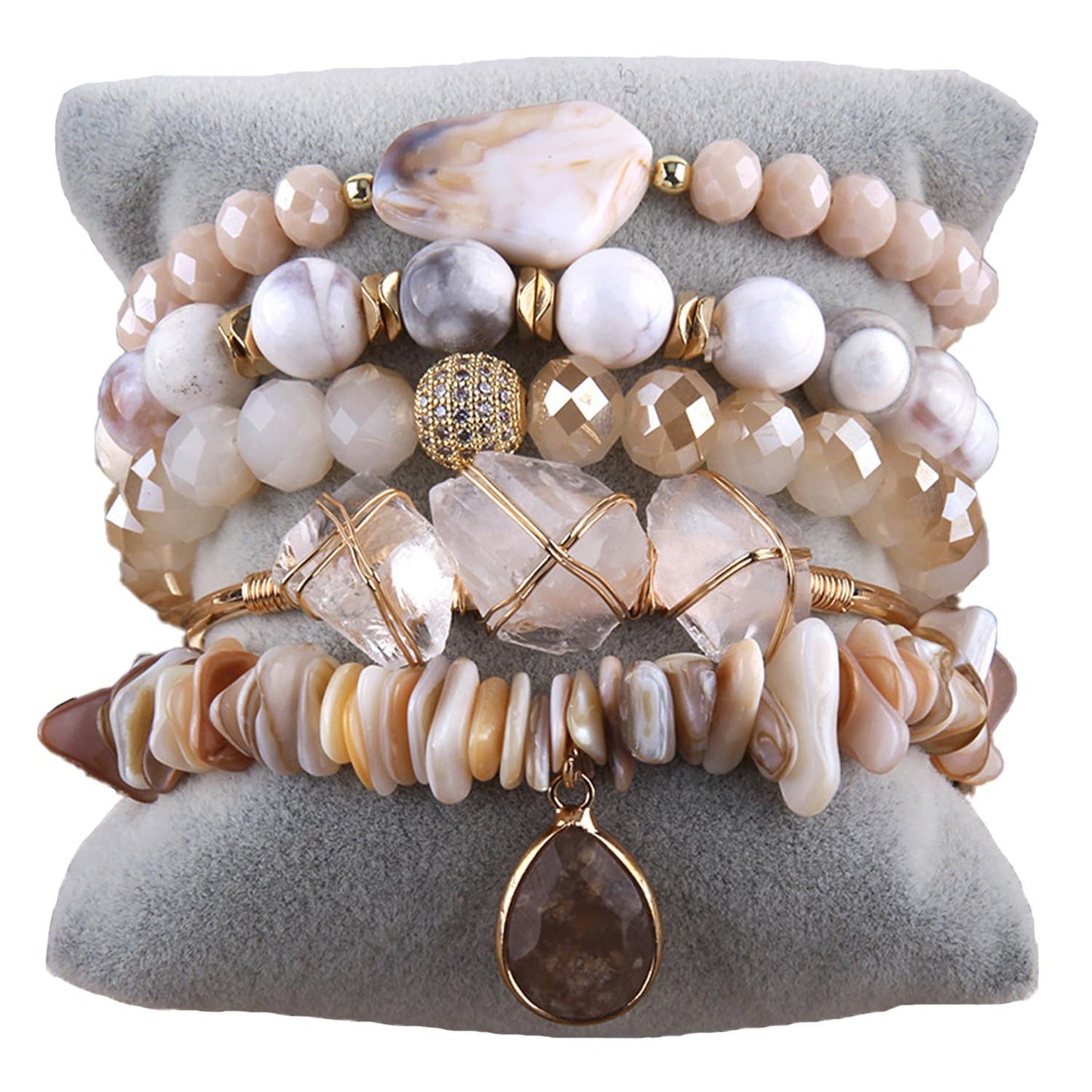 Yomisa 5PCS Natural Boho Beaded Bracelets Bangle for Women,Healing Beige Agate Shell Crystal Gemstone Stone Diamond Chakra Multi Wrap Bohemian Handmade Jewelry Beads Stretch Bracelet Set for Womens