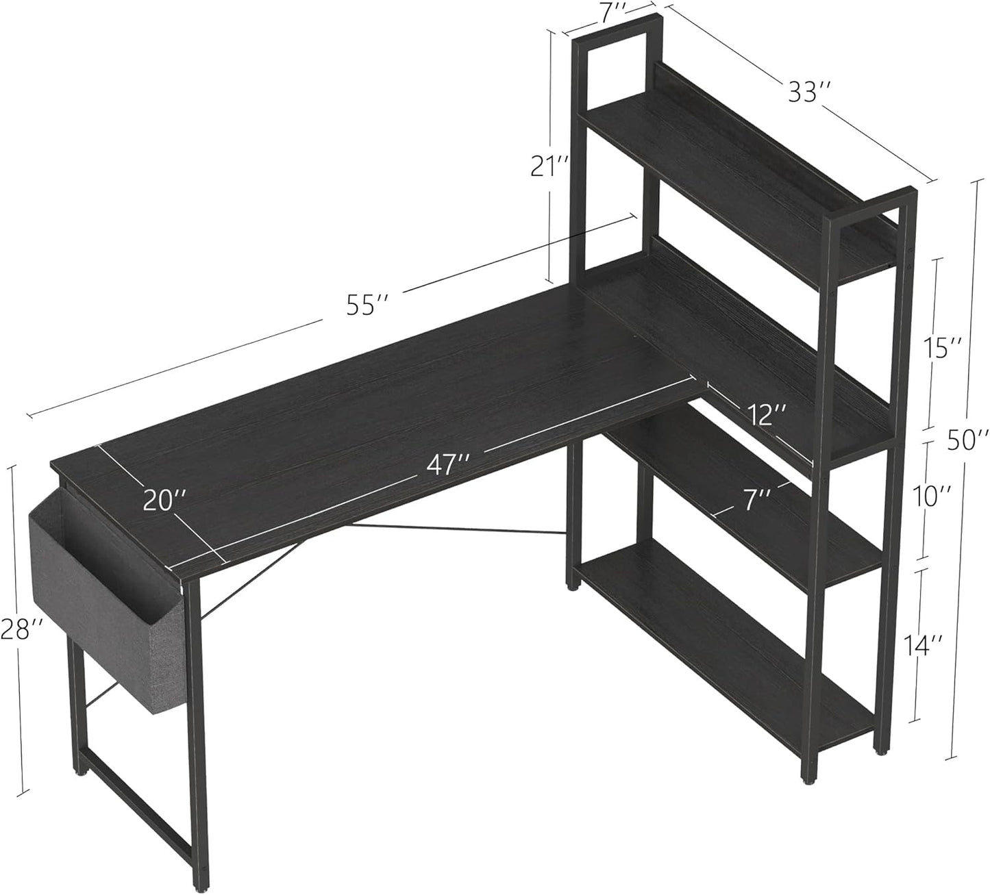 Treesland 55 Inch Computer Desk with Storage Shelves, L Shaped Desk with Storage, Corner Desk with Storage, Home Office Desks, Bookshelf Desk, Writing Study Desk for Bedroom, Black