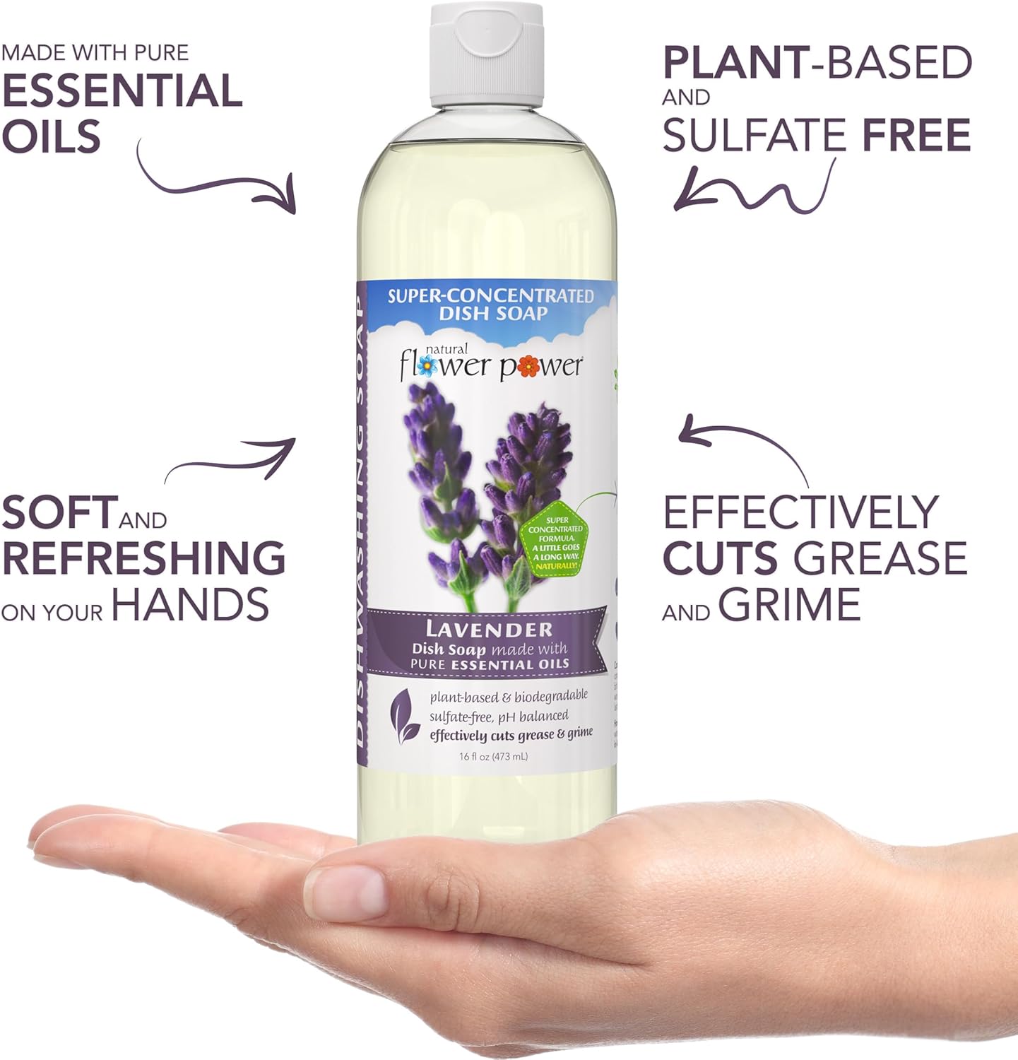 Natural Flower Power Liquid Dish Soap | Lavender 16 Fl Oz | Pack of 3 | Plant-Based & Scented w/ Pure Essential Oils | Natural Liquid Dishwashing Detergent | Sulfate-Free Kitchen Soap | Vegan