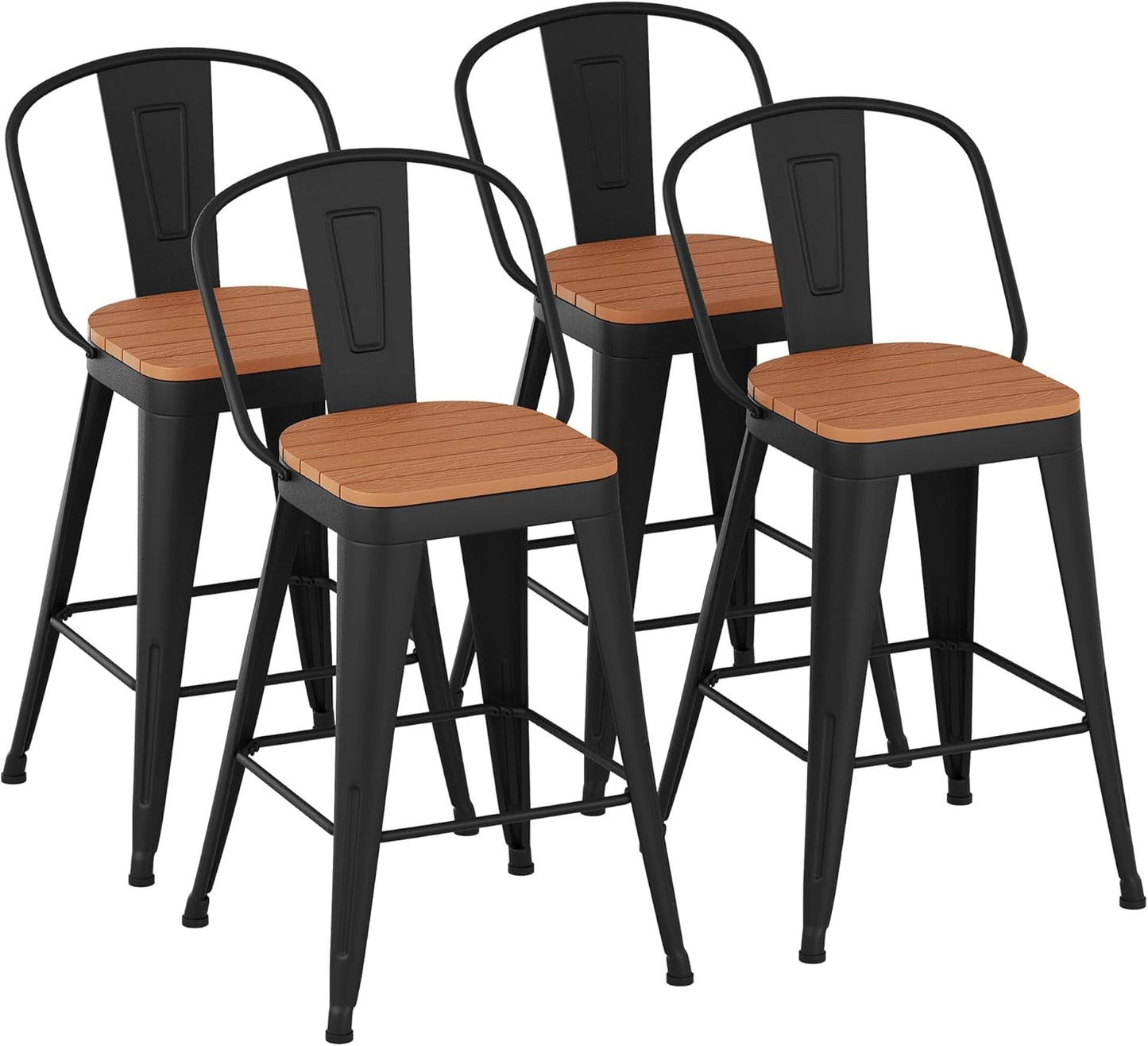 Outdoor Metal Bar Stools Set of 4,26 inch Barstools Counter Height Bar Stool with High Back Farmhouse Kitchen Dining Chairs Bar Funiture for Outside