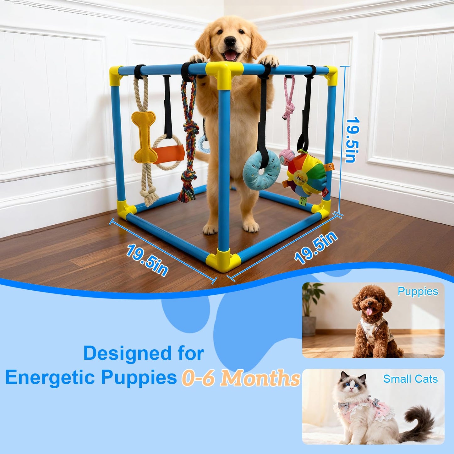 LemSen Puppy Play Gym with 8 Hanging Toys - Indoor Jungle Gym for Small Dogs, Interactive Enrichment Activity Center for Puppies, 19.5" PVC Frame with Teething Squeaky Toys to Keep Them Busy