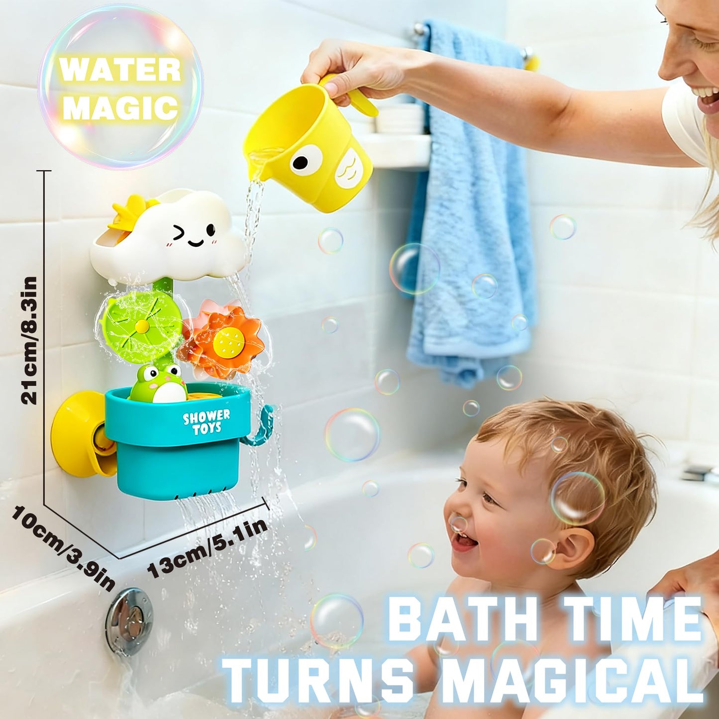 TXTLDB Bath Toys for Toddlers 1-3, Cloud Rain Watering Toy with Rising Frog & Spinning Lotus - Interactive Sensory Play for Bathtub, Educational Gift for Baby Boys Girls 18M+
