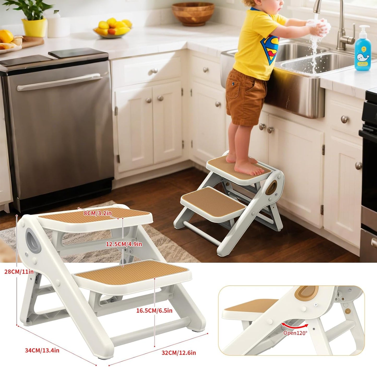 Toddler Step Stool, iNeibo 2-Step Foldable Step Stool for Kids, Widened & Thickened with Anti-Slip Design, Safer for Children Use for Kitchen, Bathroom, Toilet Training - Khaki