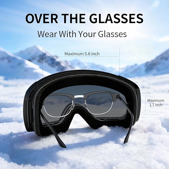 Ski Goggles for Men Women Adult & Youth, OTG Snowboard Goggles Anti Fog, Snow Goggles UV Protection Wide Vision