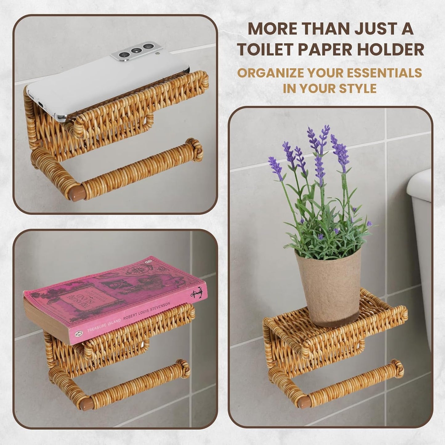Synthetic Rattan Toilet Paper Holder with Shelf – Fits Mega Rolls, Boho Bathroom Decor Roll Holder for RV, Washroom, Kitchen – Water-Resistant Woven Tissue Dispenser (Natural, Adhesive Mount)