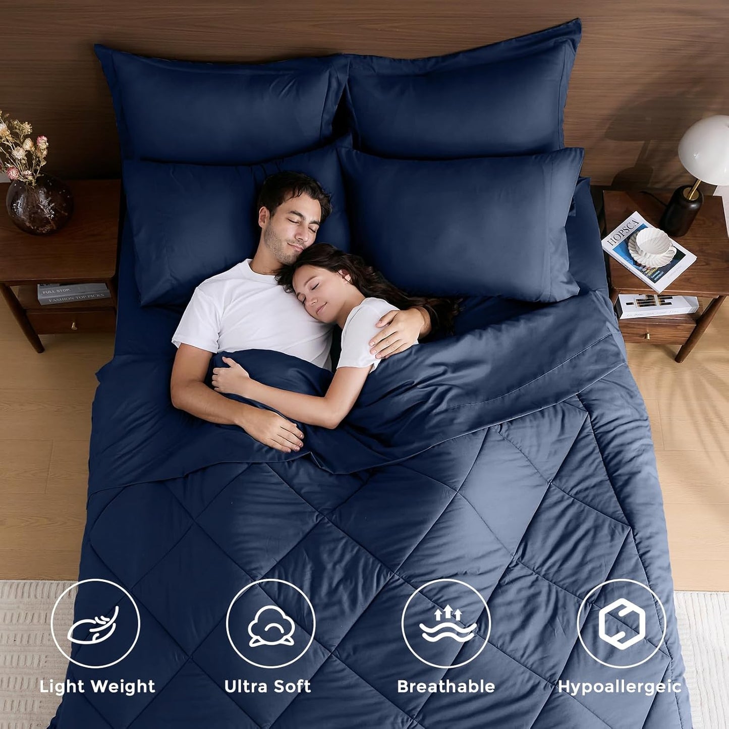 HEVUMYI Navy Blue King Comforter Set - 7-Piece All Season Bed in a Bag King, Ultra Soft Bedding Set with Comforter, Flat Sheet, Fitted Sheet, Pillowcases, Pillow Shams, Navy Blue