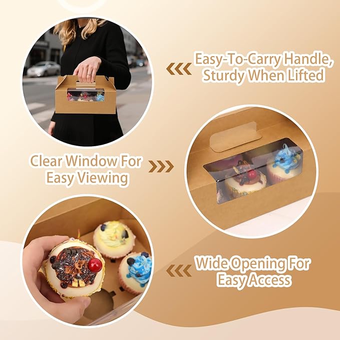 FORBFAN 50 Pcs Cupcake Boxes 6 Count with Handle, Kraft Portable Muffin Boxes, Gable Party Favor Treat Boxes for Wedding Birthday Party