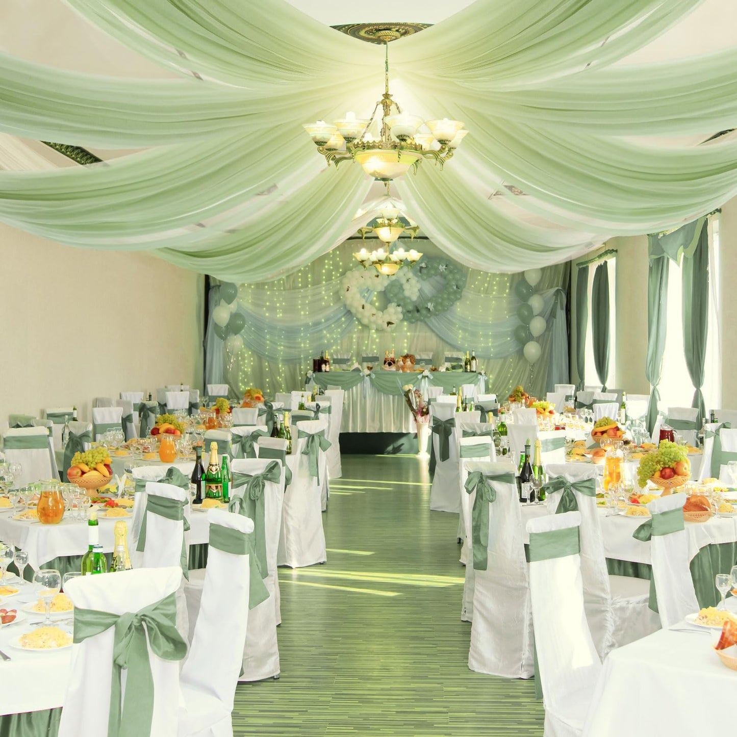 Bbto 6 Panels Sage Ceiling Drapes For Weddings 5 Ft X10 Ft Green Chiffon Curtain Wedding Ceiling Drapes Sheer Curtains Chiffon D