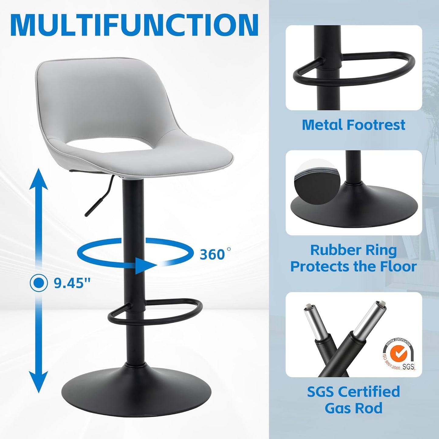 YOUNIKE Bar Stools Set of 2 Modern Swivel Barstools, Adjustable Counter Height Bar Stools Faux Leather Upholstered Counter Stools with Hollow Back for Kitchen Island, Grey