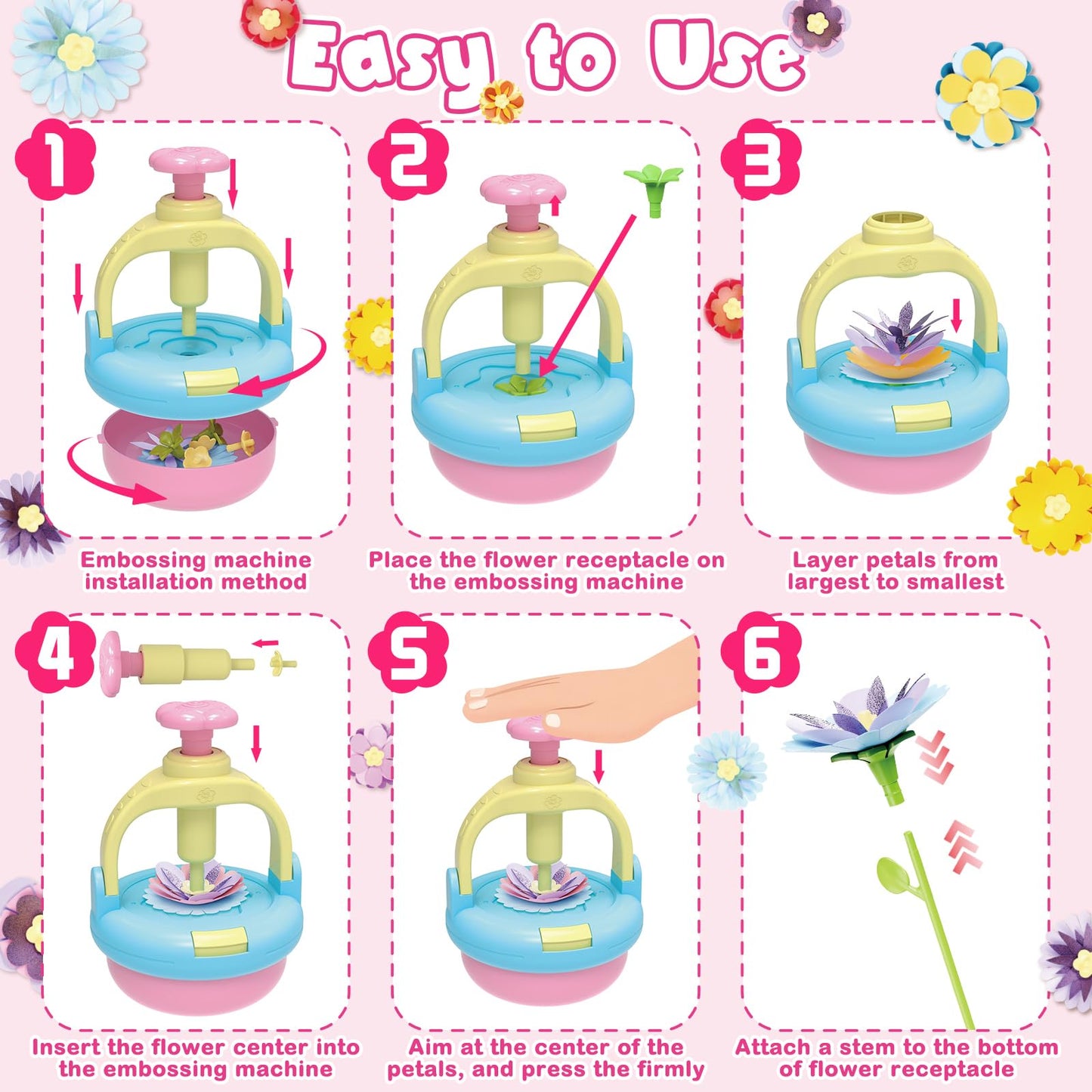 Flowers Craft Kit for Girls Ages 3-12, DIY Flower Bouquet Maker Machine with 120 Fabric Petals, 14 Greeting Cards, Gift Wrap, Vase & Storage Bag, Creative Floral Arts and Crafts Toy for Kids