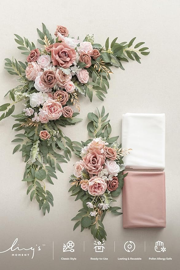 Ling's moment Pink Artificial Wedding Arch Flowers Kit Pack of 4, 2pcs Hanging Flower Arrangement 2pcs Chiffon Drapes Ceremony Reception Spring Silk Rose Arbor Backdrop Floral Garden Outdoor Decor