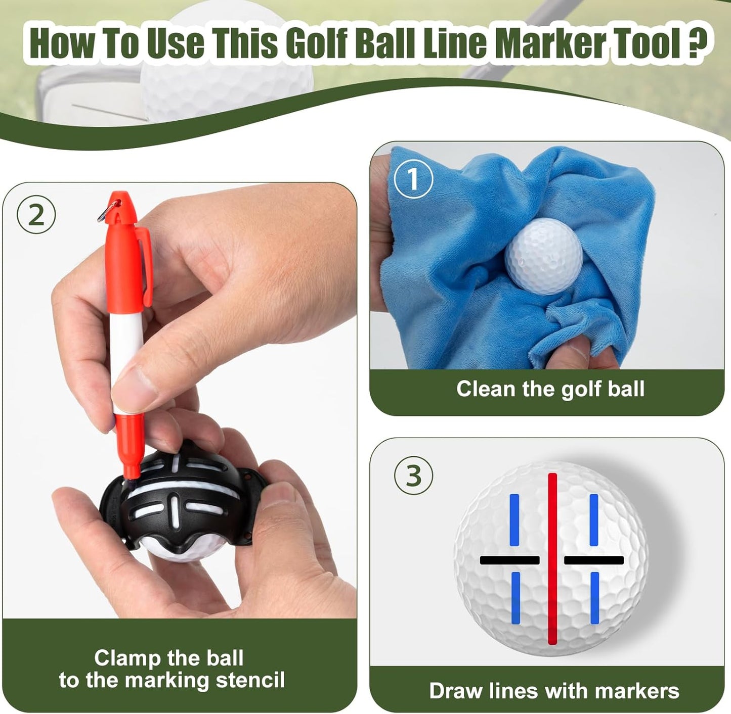 chfine Golf Ball Marker Set with 3 Golf Ball Marker Stencils and 3 Colors Golf Ball Markers, Golf Ball Line Marker Tool with Case, Golf Ball Alignment Marking Tool, Golf Accessories for Men and Women