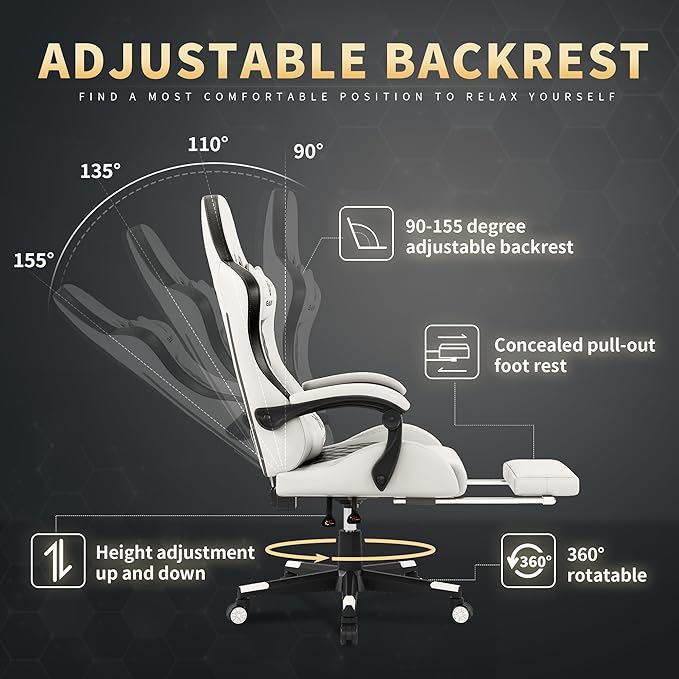 Gaming Chair, 400 lbs Adult Chair, High Back Computer Chair with Footrest and Linked Armrests, Office Video Game Chair with Lumbar Support (White)