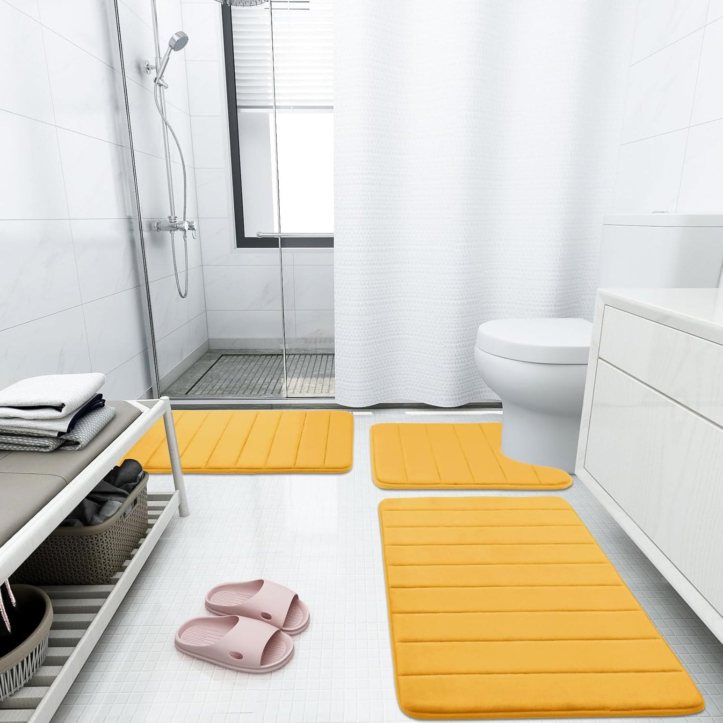 Buganda Memory Foam Bath Mat, 47" x 20", Ultra Soft and Non-Slip Bathroom Rugs, Water Absorbent and Machine Washable Bath Rug Runner for Bathroom, Shower, and Tub, Yellow
