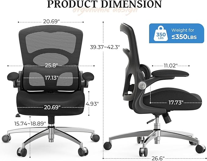 Ergonomic Office Chair - Office Desk Chair with Adjustable Lumbar Support - Mesh Comfy Chair with Flip-Up Arms - Heavy Duty Gaming Chairs for Adults Home and Business