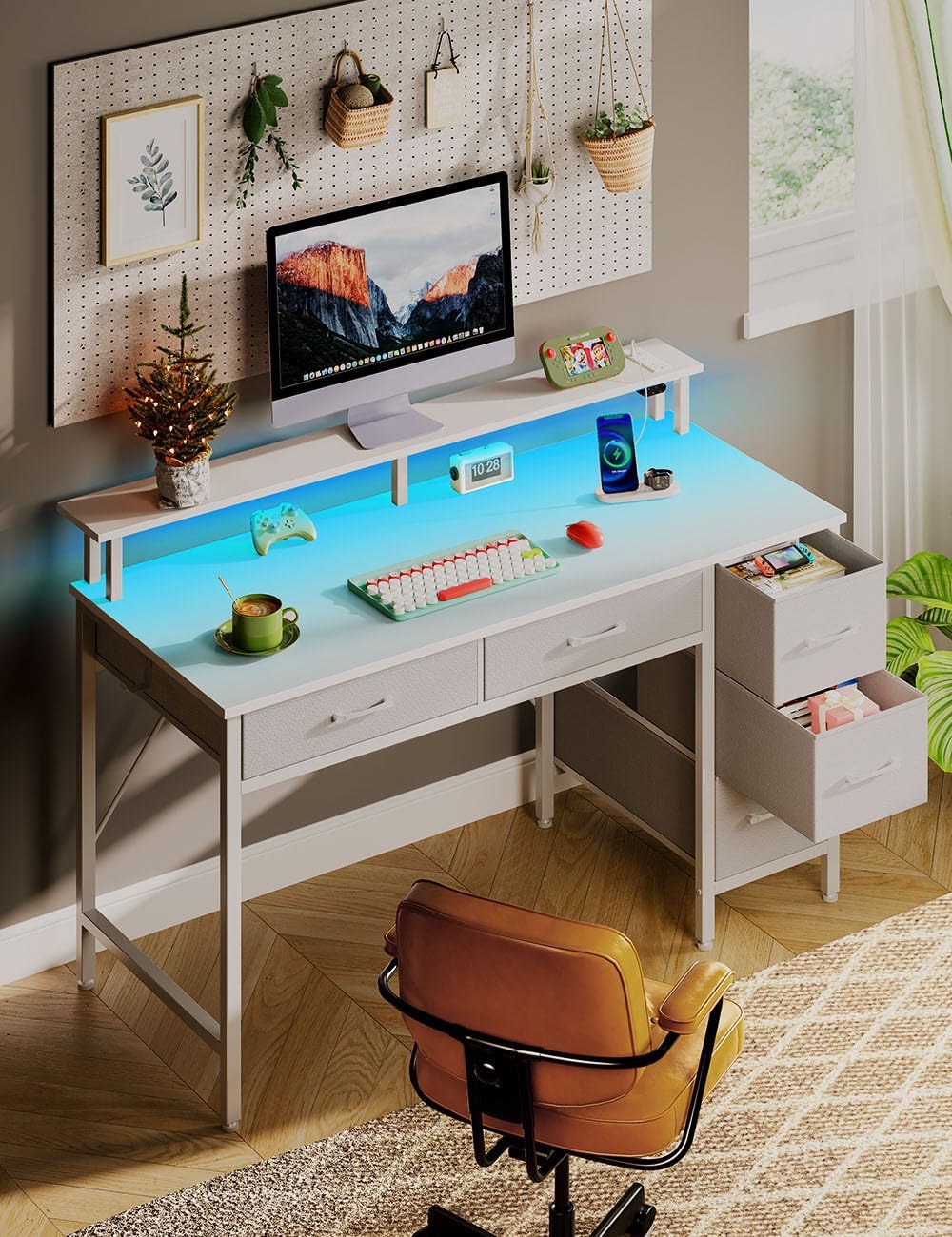 Seventable Computer Desk with Power Outlets & LED Light, 47 inch Home Office Desk with 5 Drawers, Writing Desk with Monitor Stand, Work Desk for Home Office, White