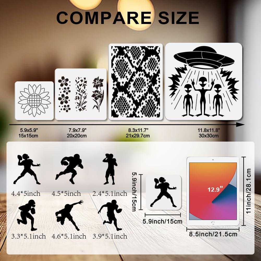 MAYJOYDIY 10 Pcs Rugby Players Stencil Reusable American Football Stencils for Painting 5.9x5.9 Inches Sports Ball Drawing Templates with Paint Brush for Shirt Wood Wall Cards Home Decoration