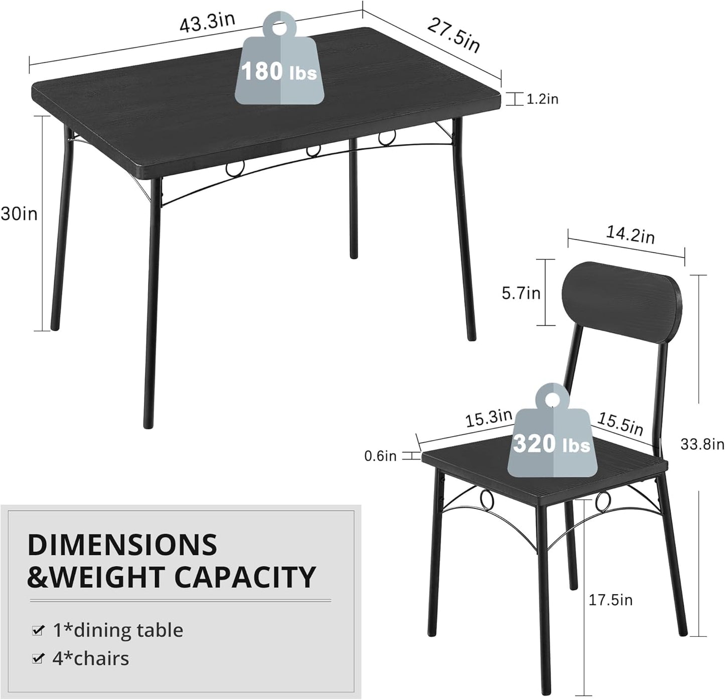 VECELO Dining Table Set for 4, 5 Piece Dinette with Chairs for Kitchen, Breakfast Nook and Small Space, Black