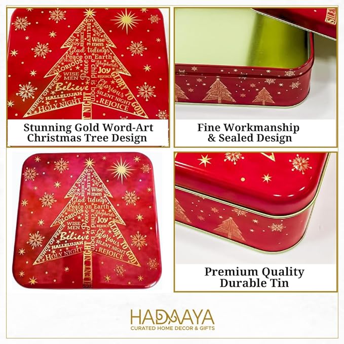 Square Christmas Tin Bundle – Set of 3 Holiday Cookie & Gift Tins (Green Tree, Red Snowflake, Blue Snowflake Truck) – Festive Containers for Cookies, Candy, Treats & Seasonal Gifting