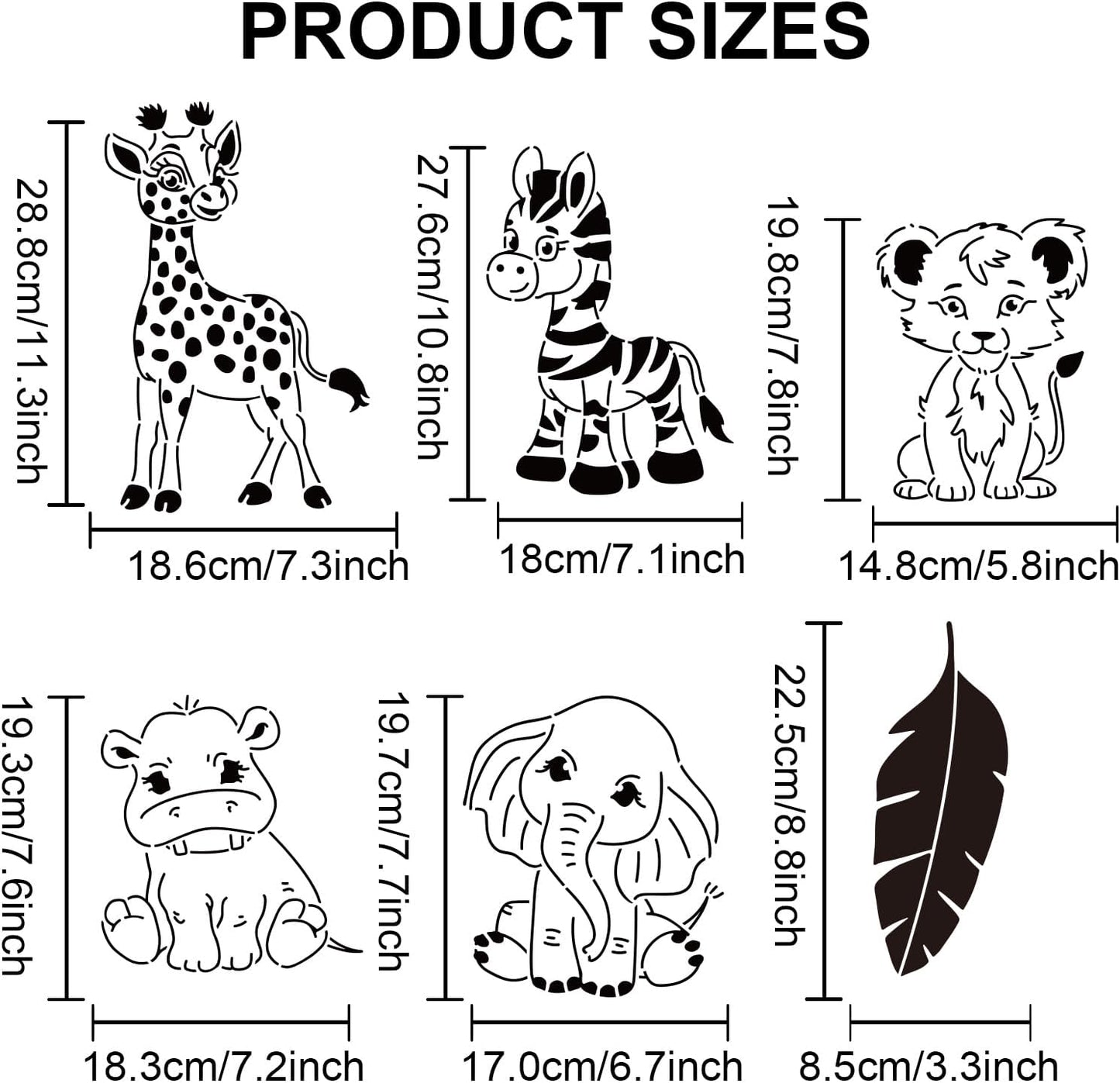 MAYJOYDIY 3pcs Small Animal Stencils Giraffe Zebra Lion Rhinoceros Elephant Tropical Leaves Painting Stencils 11.8×11.8inch with Paint Brush DIY Craft for Wood Wall Fabric Decors