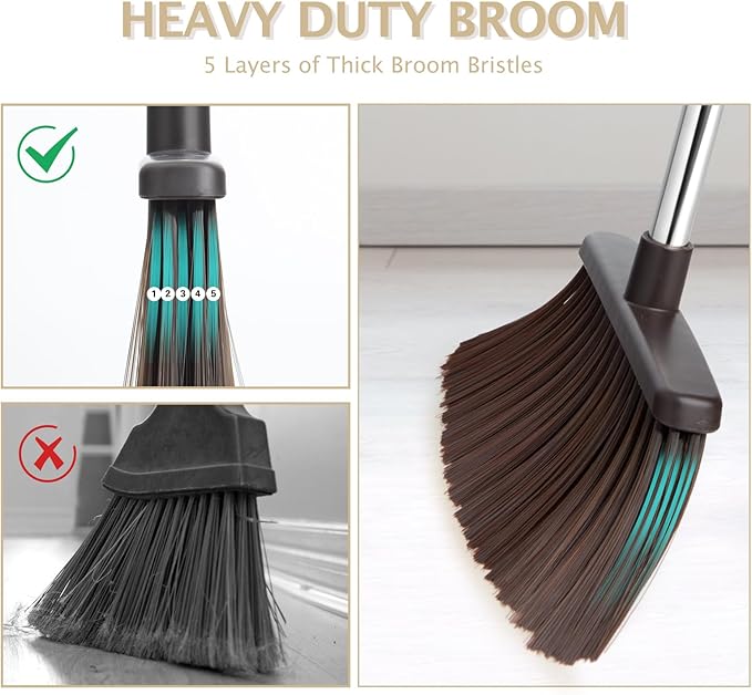 Broom and Dustpan Set with Long Handle, Heavy Dust Broom and Dustpan Combo for Home，Kitchen, Office, Pet Hair(Beige)