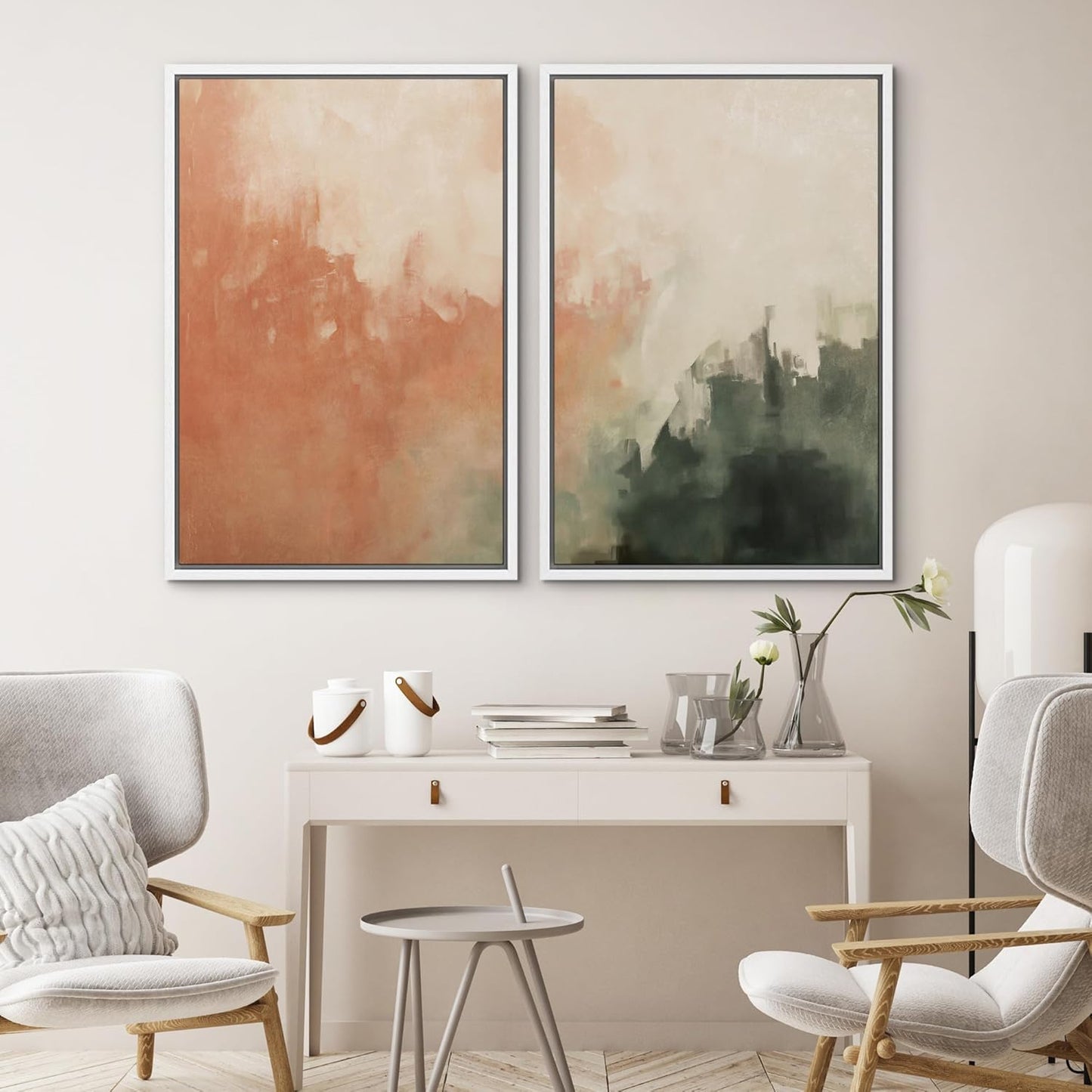 SIGNWIN Framed Canvas Print Wall Art Set Color Fade Abstract Landscape Earthy Terracotta and Forest Green Illustrations Modern Minimal Decorative for Living Room, Bedroom, Office - 24"x36"x2 White