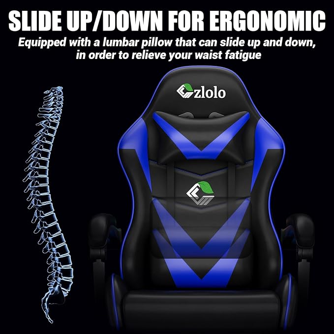Gaming Chair with Footrest Racing Style Lumbar Support Massager Video Game Chair with Metal Legs, High Back Reclining Gamer Chair with Headrest, 360° Swivel Office Computer Desk Chair (Blue)