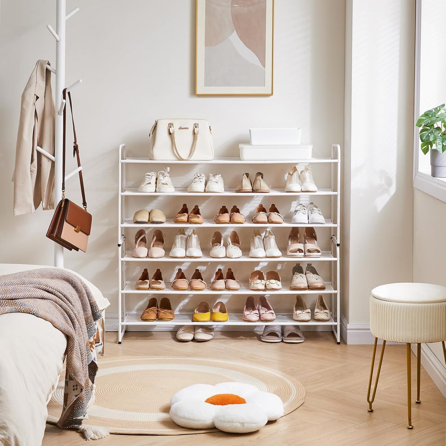 YMYNY Freestanding Shoe Racks, 3 Tiers Stackable & Adjustable Shoe Storage Shelf, Extra Large Capacity Shoe Organizer Stand for 20-24 Pairs, for Entryway, Closet, Bedroom, White, 42.9" L, UHXJ302W
