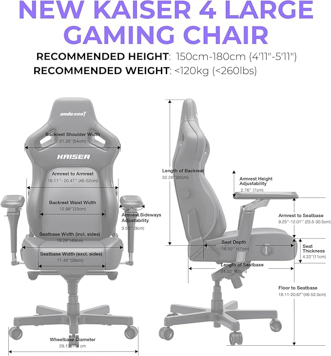 Anda Seat Kaiser 4 Large Gaming Chair for Adults - Ergonomic Purple PVC Leather Gaming Seat with 6D Armrest, Comfortable Office Chair with Lumbar Support, Heavy Duty Wide Computer Seat