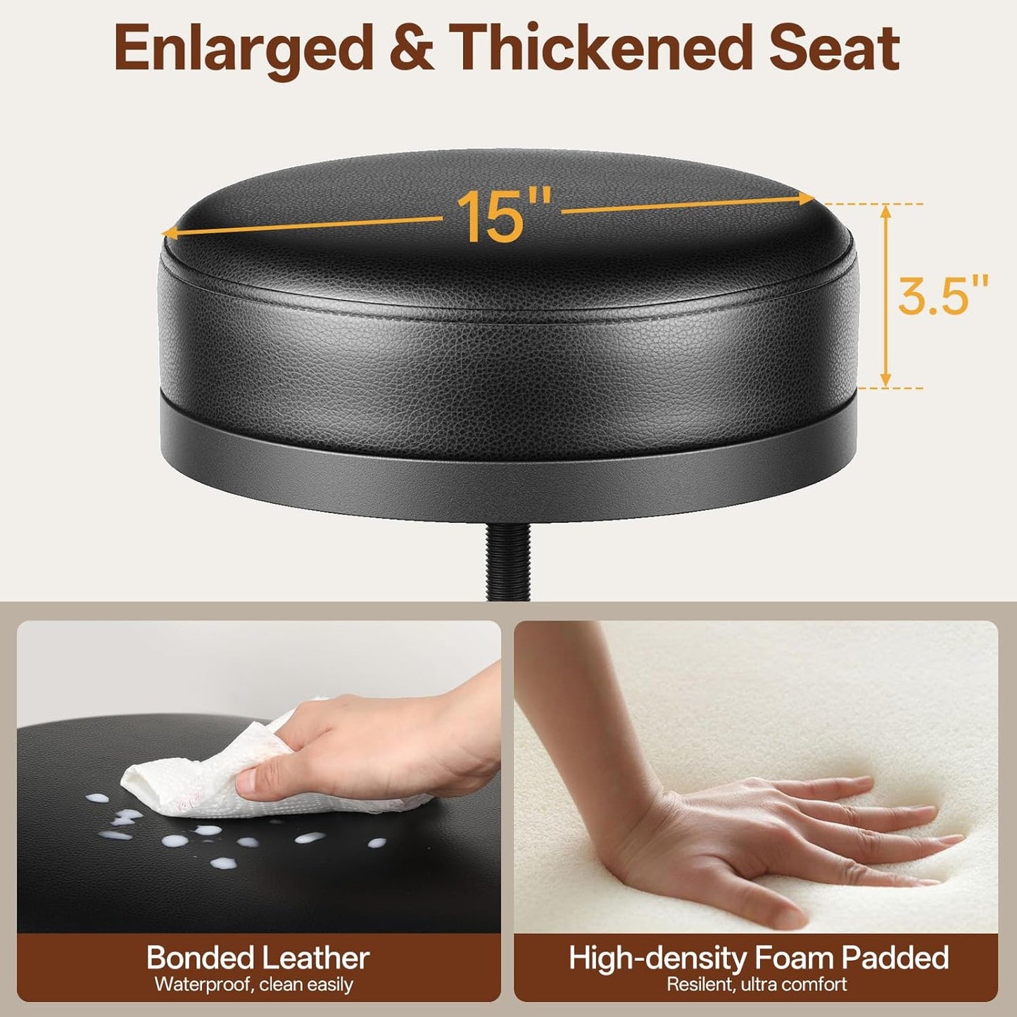 Adjustable Height Swivel Bar Stools Set of 2, 22-29 Inch Industrial Vintage Bar Counter Height Stools with Thicken Premium Bonded Leather Seats & Updated Footrests, Easy Assembly, Black