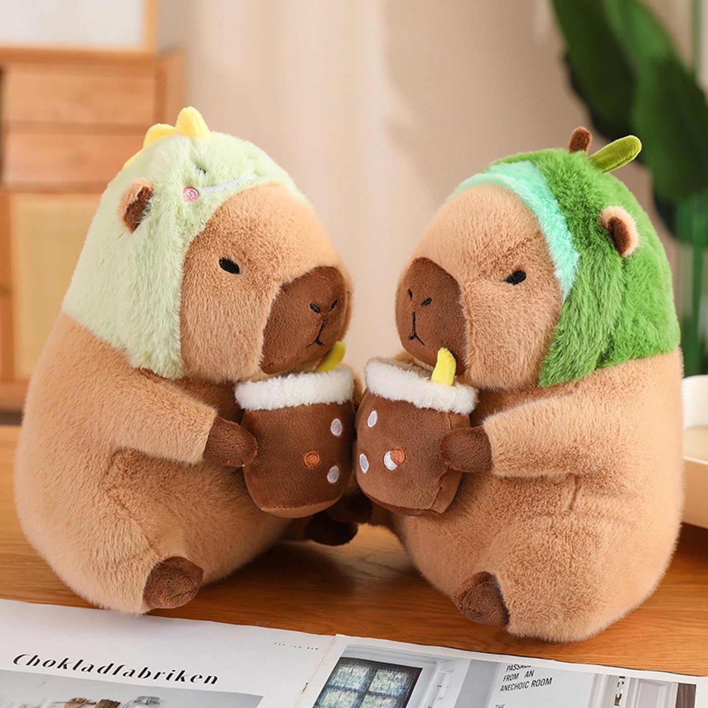 Karoeiwa Dinosaur Capybara Plush Drinking Milk Tea 11 inch Cute Dino Capibara Stuffed Animal Ultra Soft Plushies Toys Kawaii Gifts for Kids Brown