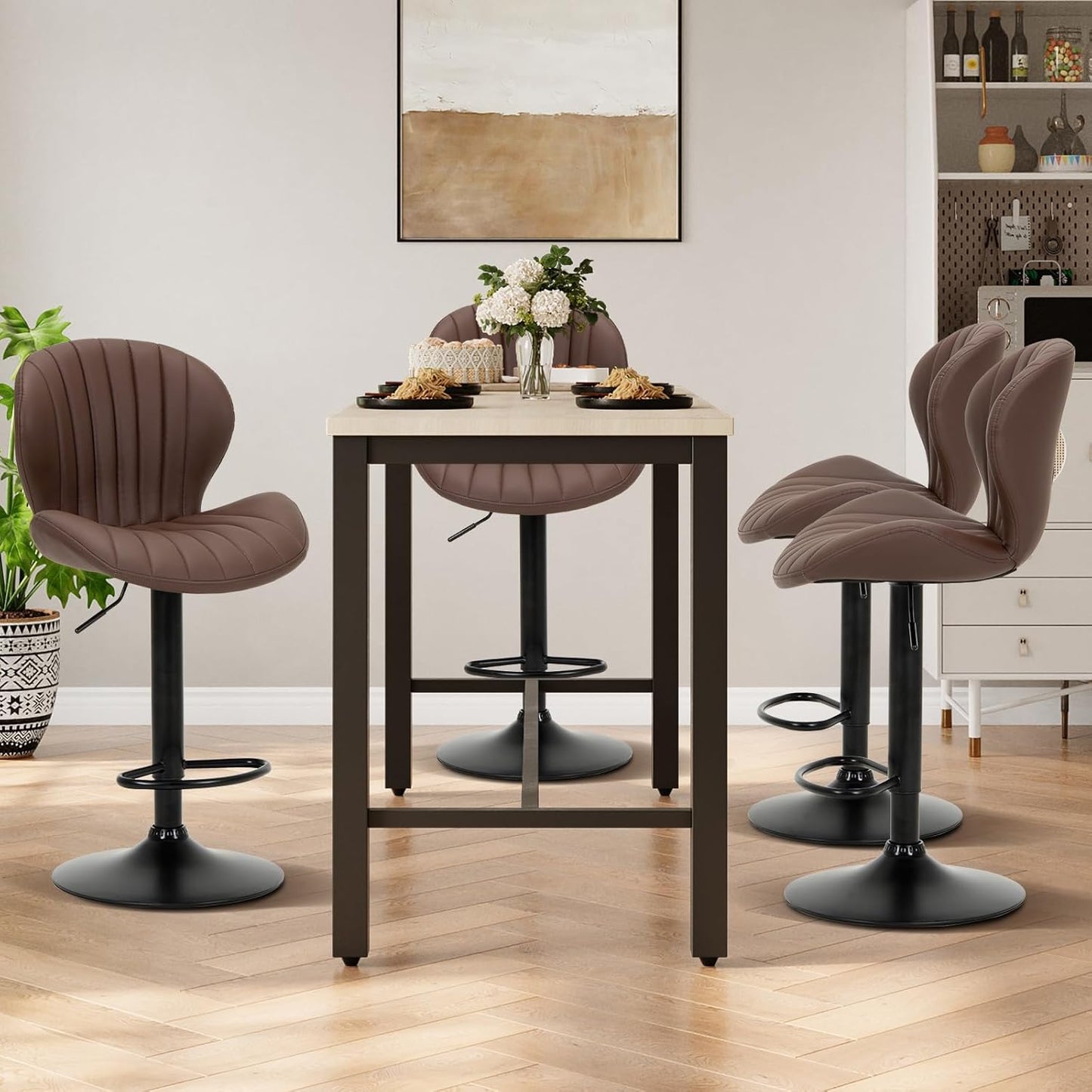 COLAMY Bar Stools Set of 6, Modern Swivel Bar Chairs, Adjustable Faux Leather Upholstered Barstools Counter Height with High Backrest for Bar, Kitchen Island, Dining Room, Brown