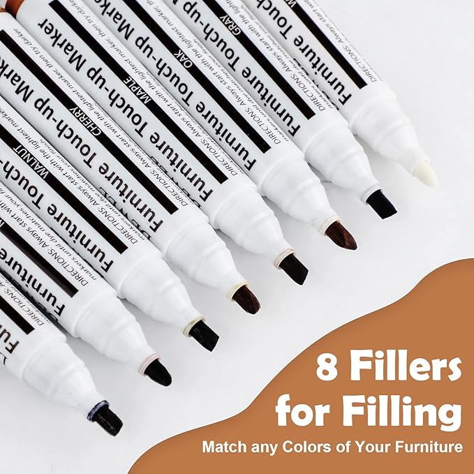 DEWEL 8 Colors Wood Furniture Repair Kit - Wood Fillers and Touch Up Markers, Upgrade Wood Furniture Repair Kit，Repair Scratch, Cracks, Discoloration for Wooden Door, Floor, Table, Cabinet，Set of 20