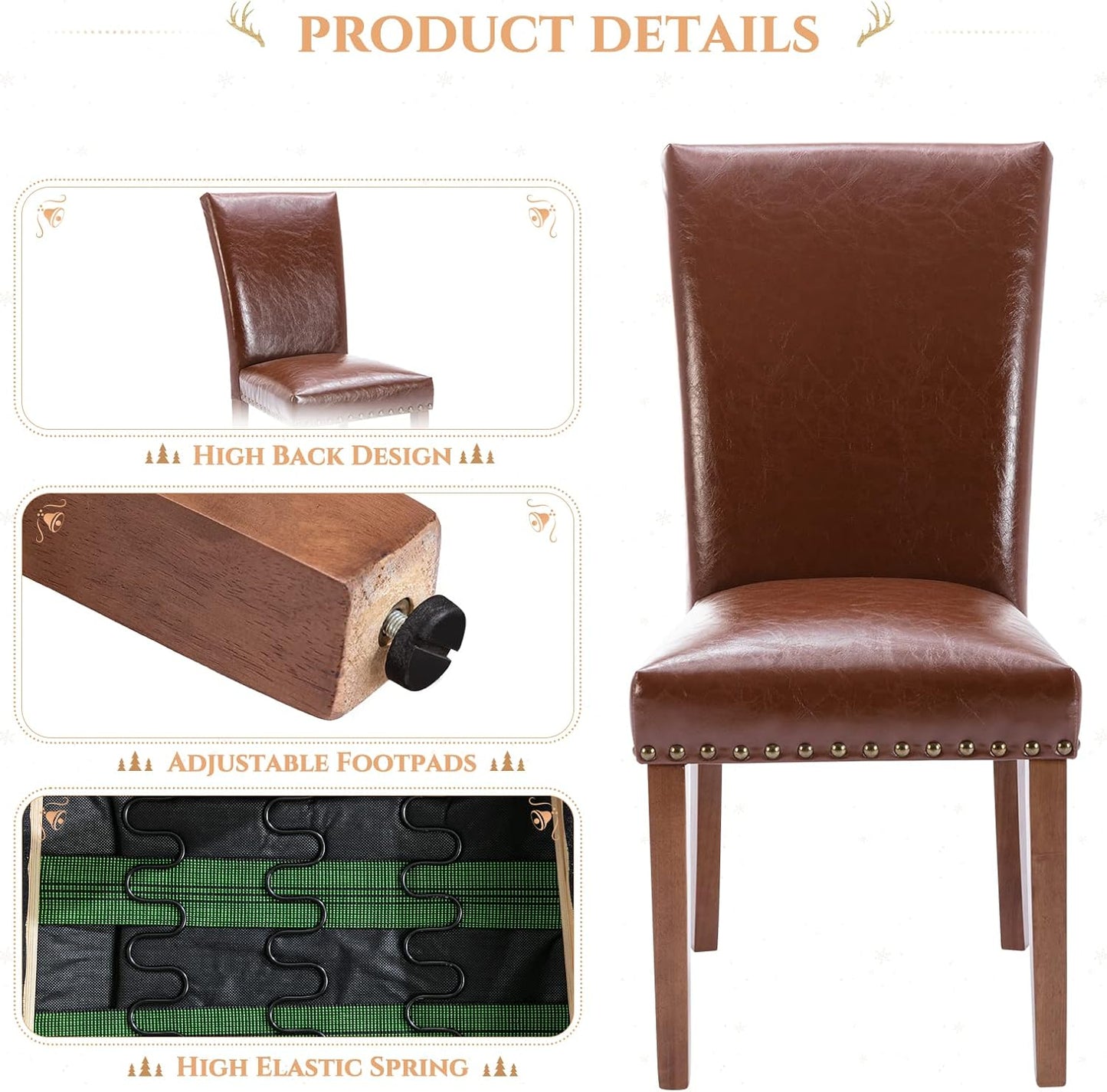 Parsons Dining Chairs Set of 6, Upholstered Nailhead PU Leather Dining Room Kitchen Side Chair with Thick Cushions and Wood Legs, Light Brown
